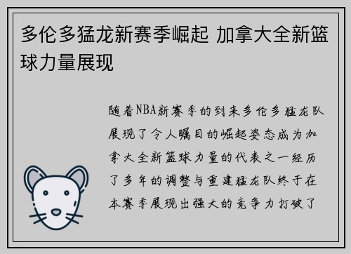 多伦多猛龙新赛季崛起 加拿大全新篮球力量展现