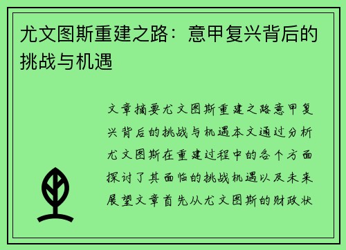 尤文图斯重建之路：意甲复兴背后的挑战与机遇