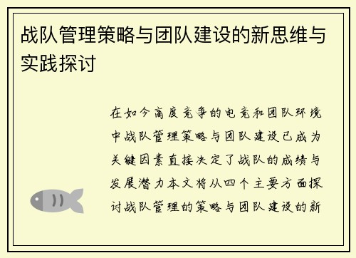 战队管理策略与团队建设的新思维与实践探讨